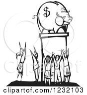 Poster, Art Print Of Woodcut Black And White Crowd Worshipping A Piggy Bank With A Dollar Symbol