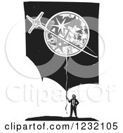 Poster, Art Print Of Woodcut Businessman With A Moon And Stars Balloon Over Clouds And Stars