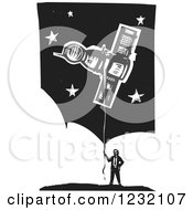 Poster, Art Print Of Woodcut Businessman With A Soyuz Balloon Over Clouds And Stars