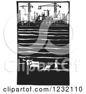 Clipart Of A Woodcut Plowing Farmer Near A Factory With Cranes Royalty Free Vector Illustration
