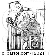 Clipart Of A Woodcut Monk Scribe Writing In Black And White Royalty Free Vector Illustration by xunantunich