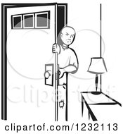 Clipart Of A Woodcut Poor Man Coming Home In Black And White Royalty Free Vector Illustration