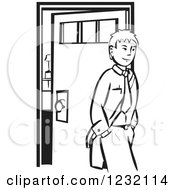 Poster, Art Print Of Woodcut Businessman Leaving To Go To Work In Black And White