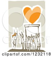 Clipart Of A Woodcut Crowd Worshipping An Orange Heart Royalty Free Vector Illustration by xunantunich