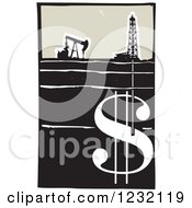 Woodcut Oil Rig And Drilling For A Money Dollar Symbol