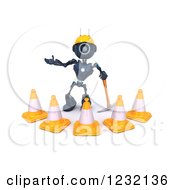 Poster, Art Print Of 3d Blue Android Construction Robot With Cones And A Pickaxe