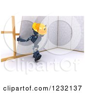 Poster, Art Print Of 3d Blue Android Construction Robot Hanging Drywall