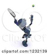 Clipart Of A 3d Blue Android Robot Serving A Tennis Ball Royalty Free Illustration