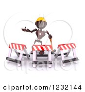 3d Red Android Construction Robot Gesturing Behind Barriers