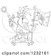 Poster, Art Print Of Outlined Pirate Parrot Shooting A Pistol And Holding A Flag