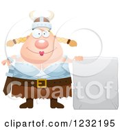 Happy Blond Viking Woman With A Stone Tablet Sign