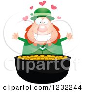 Clipart Of A Happy St Patricks Day Leprechaun With Hearts Over A Pot Of Gold Royalty Free Vector Illustration