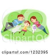 Poster, Art Print Of Happy Girl And Her Parents Resting On A Lawn With Their Pets