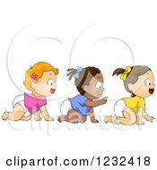 Clipart Of Diverse Baby Girls Crawling In Line Royalty Free Vector Illustration