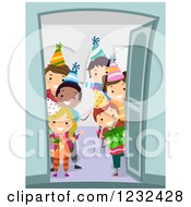 Poster, Art Print Of Happy Diverse Birthday Party Chidren Welcoming At A Door