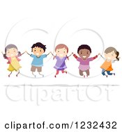 Poster, Art Print Of Happy Diverse Children Holding Hands And Jumping
