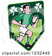 Poster, Art Print Of Cartoon Rugby Player Running Over An Irish Shamrock Shield