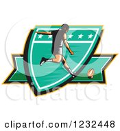 Clipart Of A Retro Woodcut Rugby Player Kicking On A Green Shield Royalty Free Vector Illustration