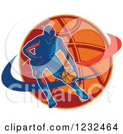 Poster, Art Print Of Woodcut Basketball Player Dribbling Over A Ball