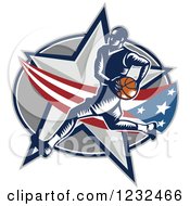 Poster, Art Print Of Woodcut Basketball Player Over An American Swoosh And Star