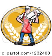 Poster, Art Print Of Cartoon Flour Miller Worker Carrying A Sack On An Orange Wheat Oval