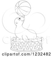 Clipart Of A Black And White Circus Sea Lion Balancing A Ball On His Nose Royalty Free Vector Illustration
