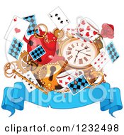 Clipart Of A Blue Wonderland Parchment Banner With Tea Cards A Watch And Key Royalty Free Vector Illustration