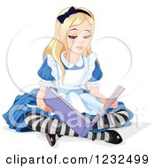 Clipart Of Alice In Wonderland Reading A Book On The Ground Royalty Free Vector Illustration