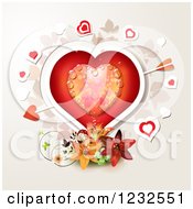 Poster, Art Print Of Dewy Valentine Heart With Cupids Arrow Over Lilies And Foliage