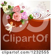 Poster, Art Print Of Valentine Background With Foliage Roses And Cupid 2