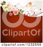 Poster, Art Print Of Valentine Background With Foliage Roses And Cupid