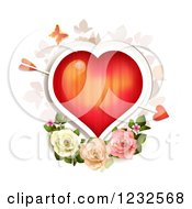 Poster, Art Print Of Red Valentine Heart With Cupids Arrow Over Roses And Foliage