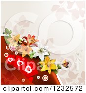 Poster, Art Print Of Valentine Background With Lilies Foliage And Hearts