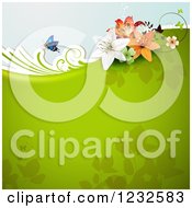 Clipart Of A Floral Background With Lilies A Butterfly And Foliage On Green Royalty Free Vector Illustration