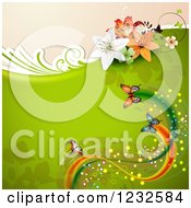 Poster, Art Print Of Floral Background With Lilies Butterflies And Foliage On Green