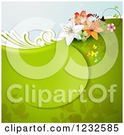 Clipart Of A Floral Background With Lilies Butterflies And Foliage On Green Royalty Free Vector Illustration