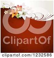 Clipart Of A Floral Background With Lilies And Foliage On Red Royalty Free Vector Illustration