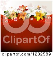 Poster, Art Print Of Red Valentine Background With Foliage And Lilies