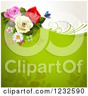 Clipart Of A Green Background With Roses And A Butterfly Royalty Free Vector Illustration