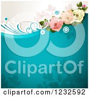 Clipart Of A Blue Floral Background With Roses And Foliage Royalty Free Vector Illustration