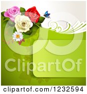 Poster, Art Print Of Green Frame And Background With Roses And A Butterfly