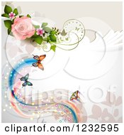 Clipart Of A Background With Roses And Butterflies Royalty Free Vector Illustration