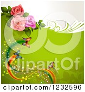 Poster, Art Print Of Green Background With Roses And Butterflies