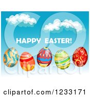 Clipart Of A Happy Easter Greeting With Eggs Over A Blue Sky Royalty Free Vector Illustration