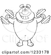 Clipart Of A Black And White Bulldog Working Out With Dumbbells Royalty Free Vector Illustration