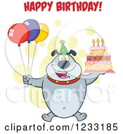 Poster, Art Print Of Gray Bulldog With Party Balloons A Cake And Happy Birthday Greeting