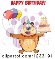 Poster, Art Print Of Brown Bulldog With Party Balloons A Cake And Happy Birthday Greeting