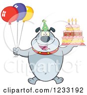 Poster, Art Print Of Gray Bulldog With Party Balloons And A Birthday Cake