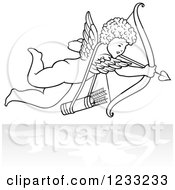Clipart Of A Black And White Aiming Cupid And Reflection Royalty Free Vector Illustration