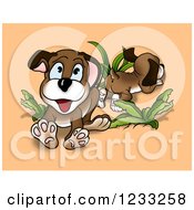 Poster, Art Print Of Playful Dogs With Plants Over Orange